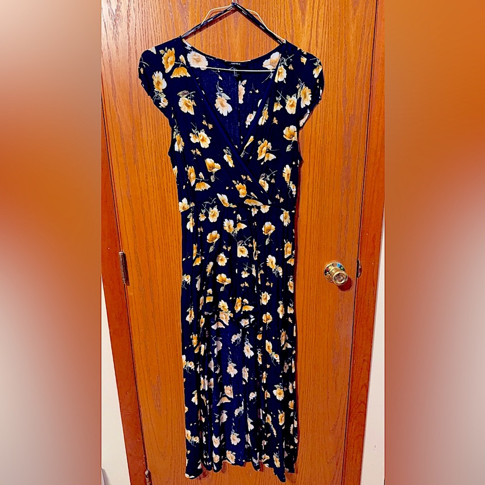 Navy Romper High Low Dress with Yellow Flowers